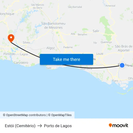 Estói (Cemitério) to Porto de Lagos map