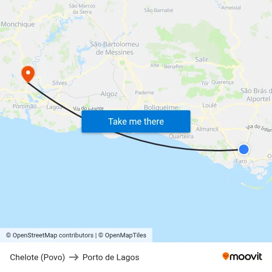 Chelote (Povo) to Porto de Lagos map