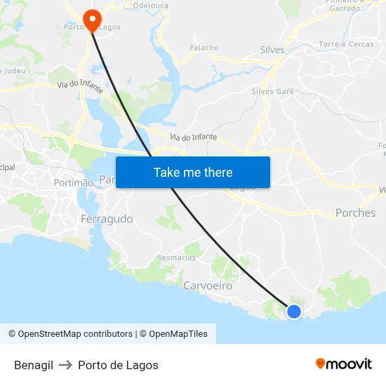 Benagil to Porto de Lagos map