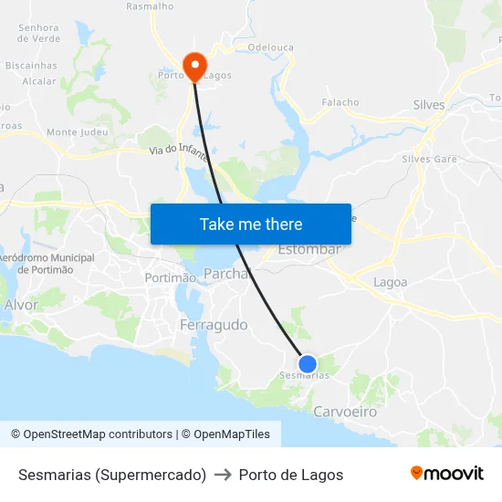 Sesmarias (Supermercado) to Porto de Lagos map