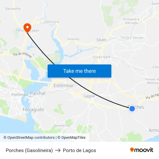 Porches (Gasolineira) to Porto de Lagos map