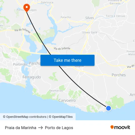 Praia da Marinha to Porto de Lagos map