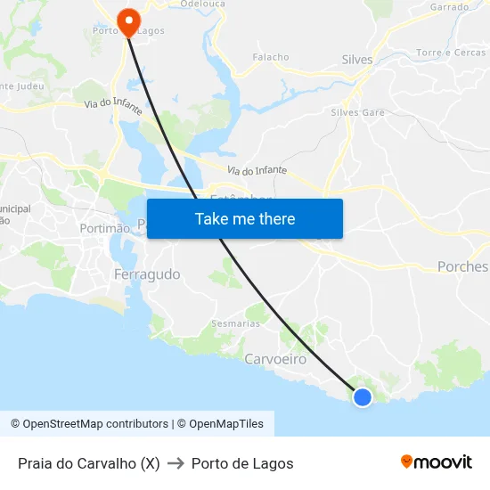 Praia do Carvalho (X) to Porto de Lagos map