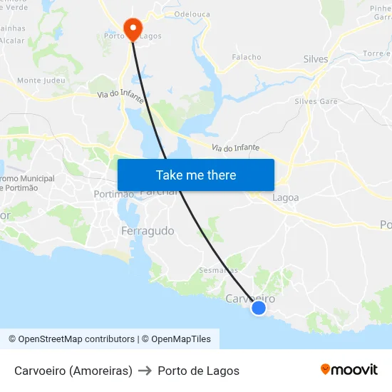 Carvoeiro (Amoreiras) to Porto de Lagos map