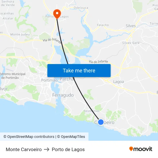 Monte Carvoeiro to Porto de Lagos map