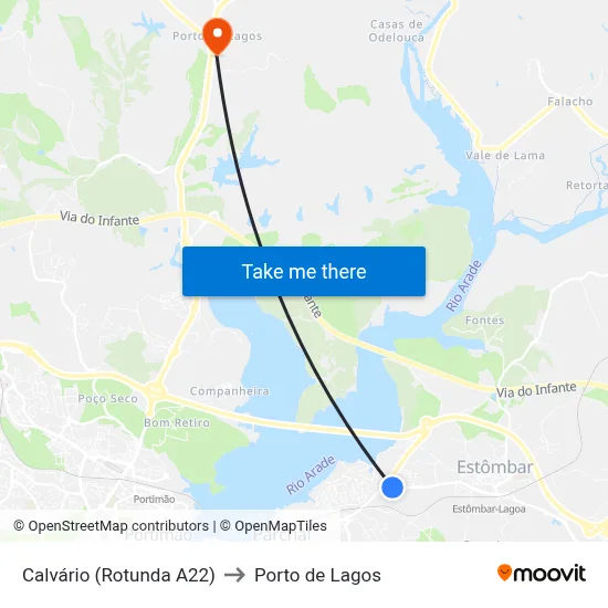 Calvário (Rotunda A22) to Porto de Lagos map