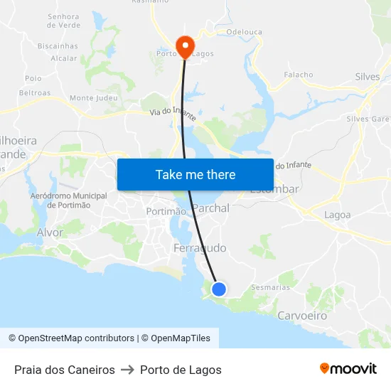 Praia dos Caneiros to Porto de Lagos map