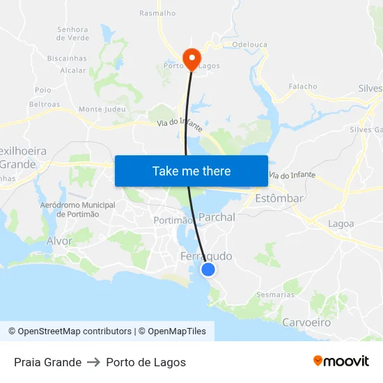 Praia Grande to Porto de Lagos map