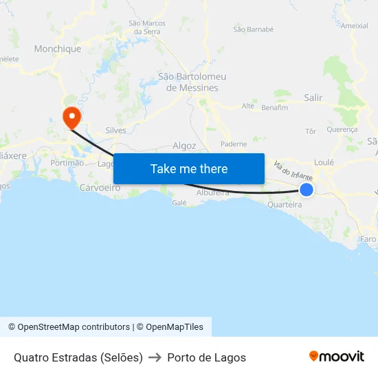 Quatro Estradas (Selões) to Porto de Lagos map