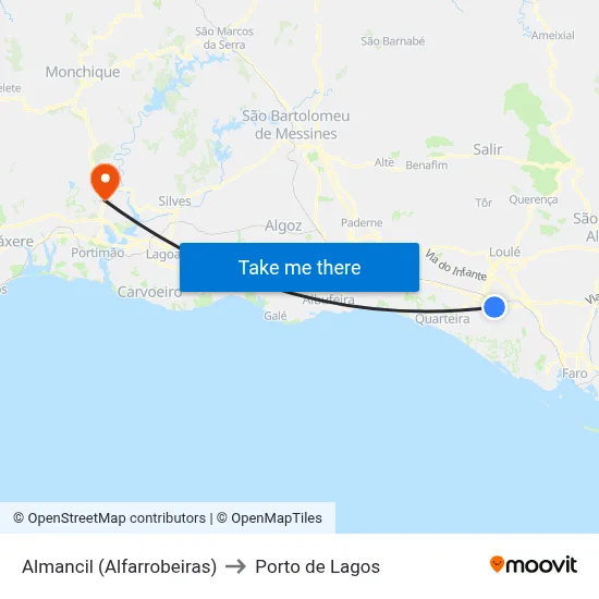 Almancil (Alfarrobeiras) to Porto de Lagos map