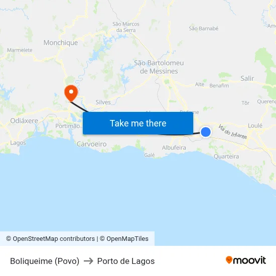 Boliqueime (Povo) to Porto de Lagos map