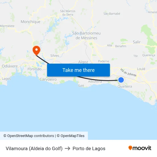 Vilamoura (Aldeia do Golf) to Porto de Lagos map
