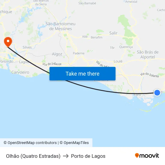 Olhão (Quatro Estradas) to Porto de Lagos map