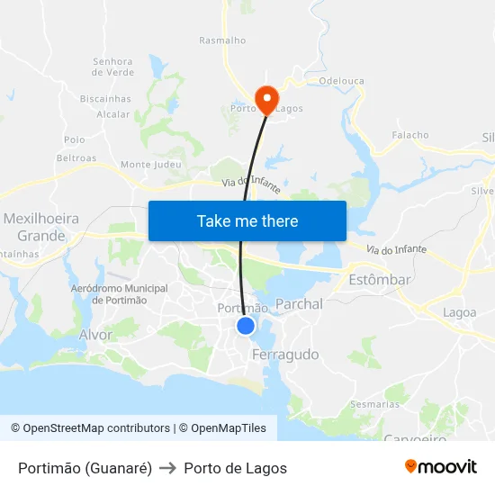 Portimão (Guanaré) to Porto de Lagos map