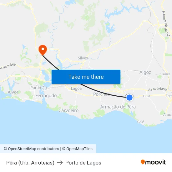 Pêra (Urb. Arroteias) to Porto de Lagos map