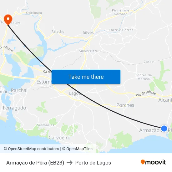 Armação de Pêra (EB23) to Porto de Lagos map