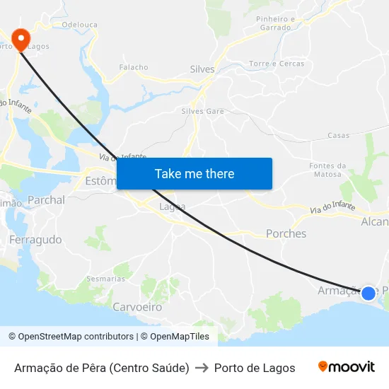Armação de Pêra (Centro Saúde) to Porto de Lagos map