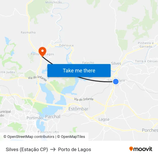 Silves (Estação CP) to Porto de Lagos map