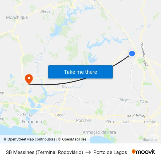 SB Messines (Terminal Rodoviário) to Porto de Lagos map