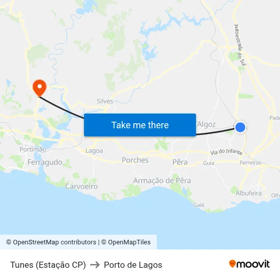 Tunes (Estação CP) to Porto de Lagos map