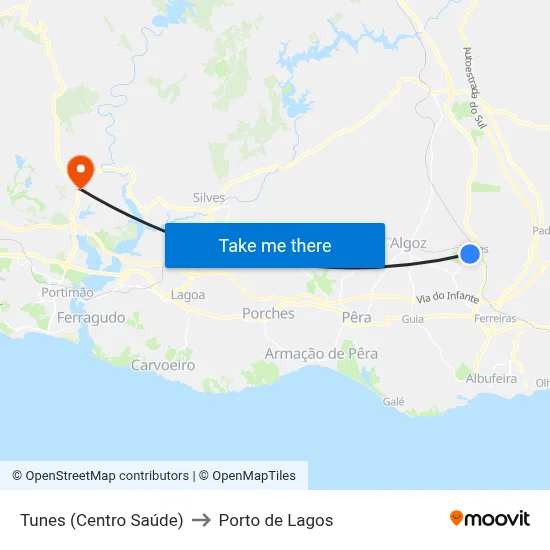 Tunes (Centro Saúde) to Porto de Lagos map