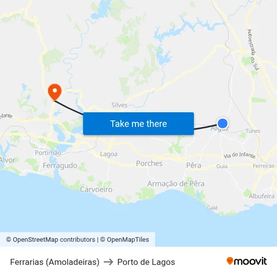 Ferrarias (Amoladeiras) to Porto de Lagos map