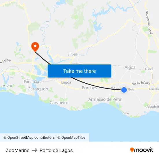 ZooMarine to Porto de Lagos map