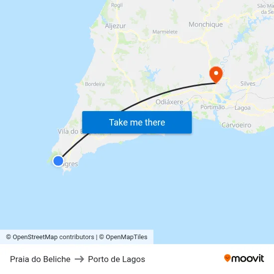 Praia do Beliche to Porto de Lagos map