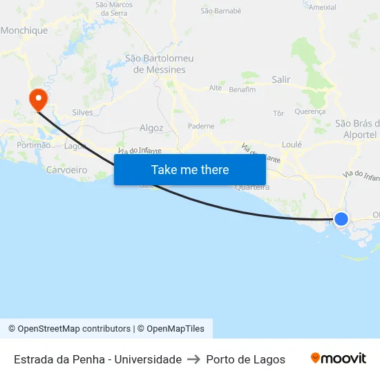 Estrada da Penha - Universidade to Porto de Lagos map