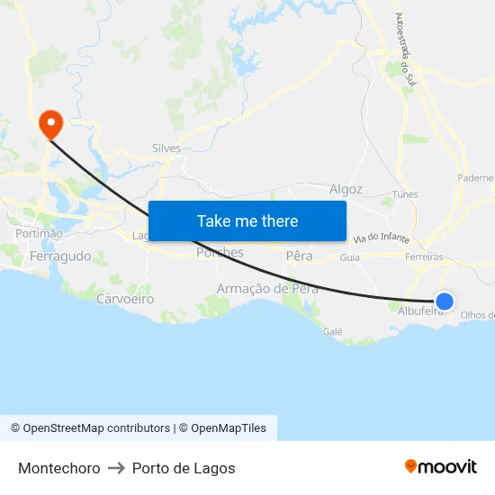 Montechoro to Porto de Lagos map