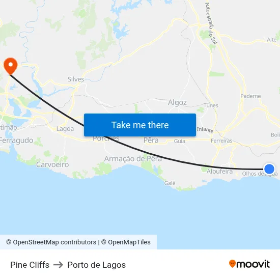 Pine Cliffs to Porto de Lagos map