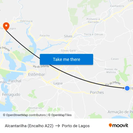 Alcantarilha (Encalho A22) to Porto de Lagos map