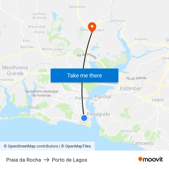 Praia da Rocha to Porto de Lagos map