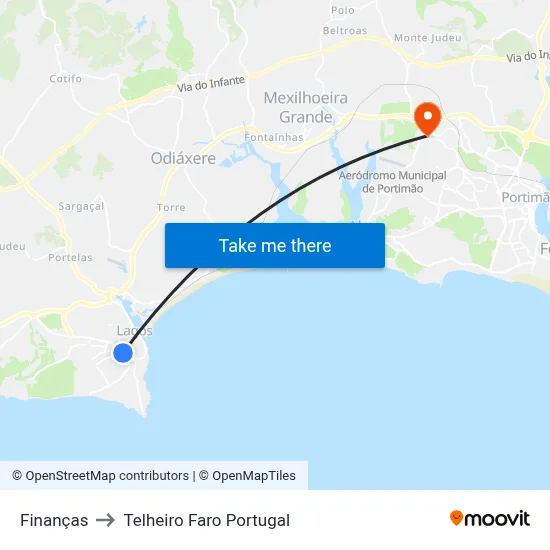 Finanças to Telheiro Faro Portugal map