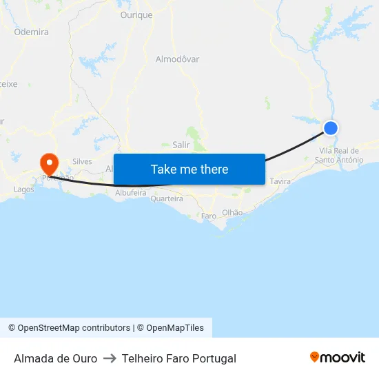 Almada de Ouro to Telheiro Faro Portugal map