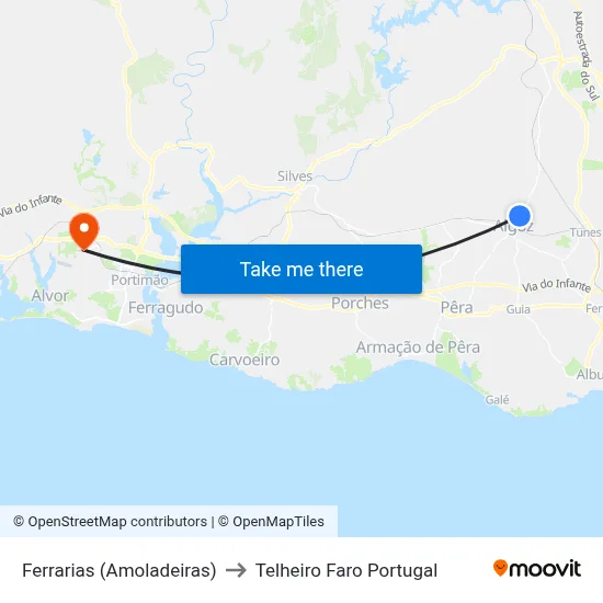 Ferrarias (Amoladeiras) to Telheiro Faro Portugal map