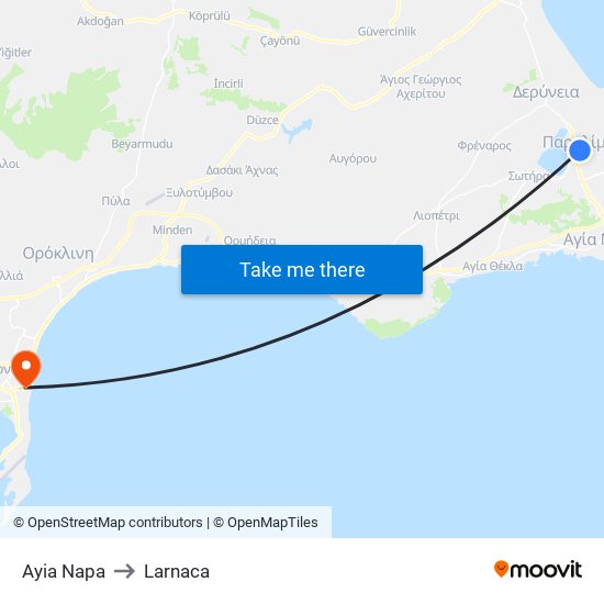 Ayia Napa to Larnaca map