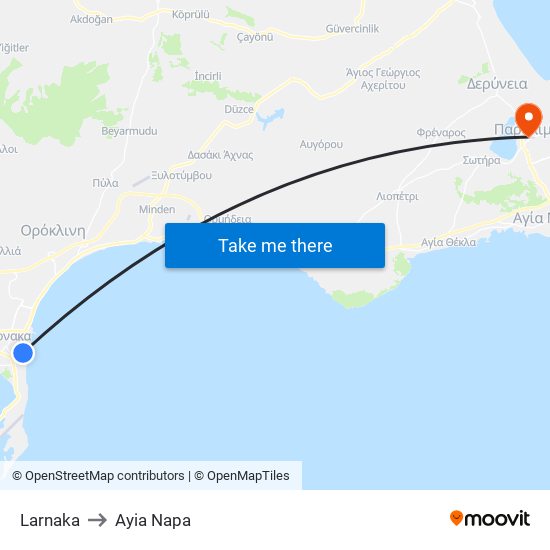 Larnaka to Ayia Napa map