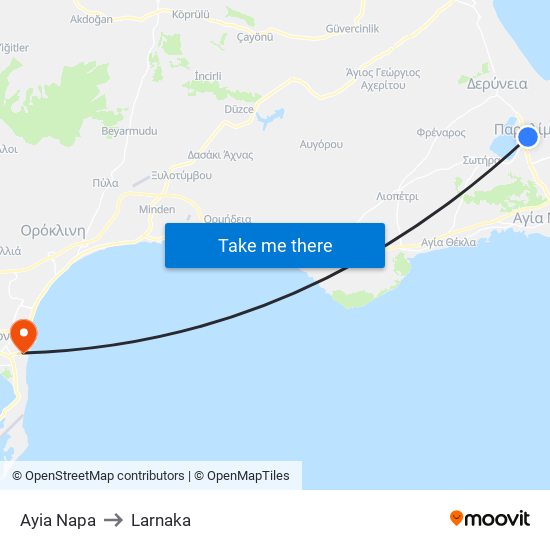 Ayia Napa to Larnaka map