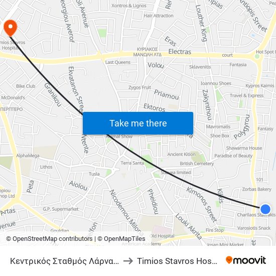 Κεντρικός Σταθμός Λάρνακας to Timios Stavros Hospital map