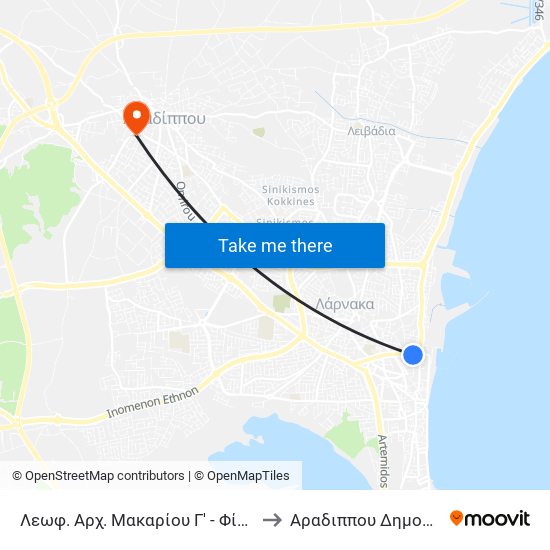 Λεωφ. Αρχ. Μακαρίου Γ' - Φίλιου Τσιγαρίδη 2 to Αραδιππου Δημοτικο Σταδιο map