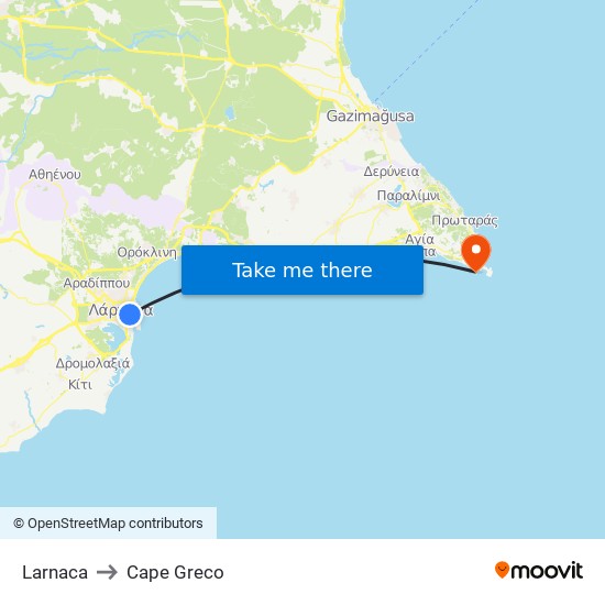 Larnaca to Cape Greco map