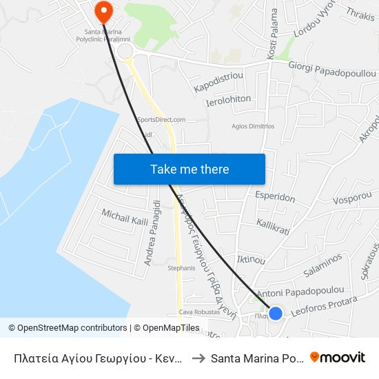 Πλατεία Αγίου Γεωργίου - Κεντρικός Σταθμός Αμμοχώστου to Santa Marina Polyclinic Paralimni map