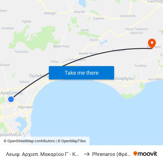 Λεωφ. Αρχιεπ. Μακαρίου Γ' - Κων. Κανάρη 2 to Phrenaros (Φρέναρος) map