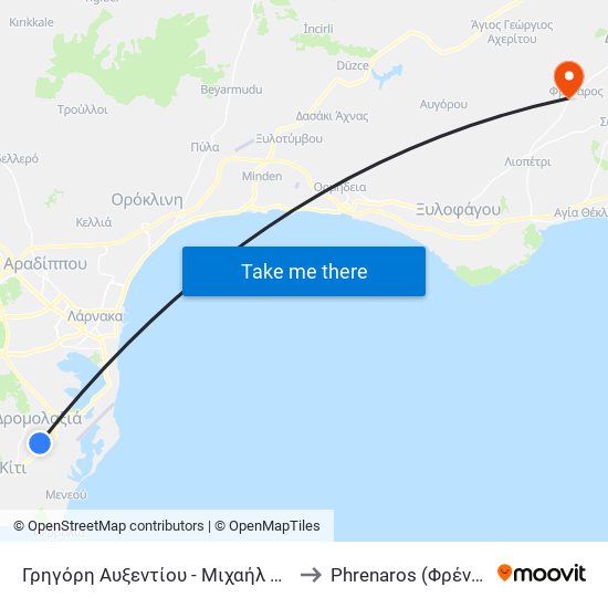Γρηγόρη Αυξεντίου - Μιχαήλ Καραολή to Phrenaros (Φρέναρος) map