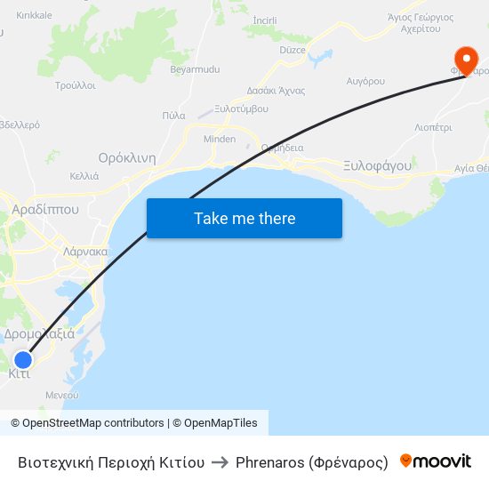Βιοτεχνική Περιοχή Κιτίου to Phrenaros (Φρέναρος) map