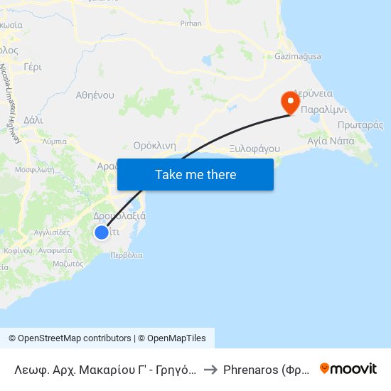 Λεωφ. Αρχ. Μακαρίου Γ' - Γρηγόρη Αυξεντίου to Phrenaros (Φρέναρος) map