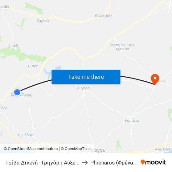 Γρίβα Διγενή - Γρηγόρη Αυξεντίου to Phrenaros (Φρέναρος) map