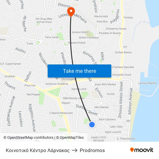 Κοινοτικό Κέντρο Λάρνακας to Prodromos map