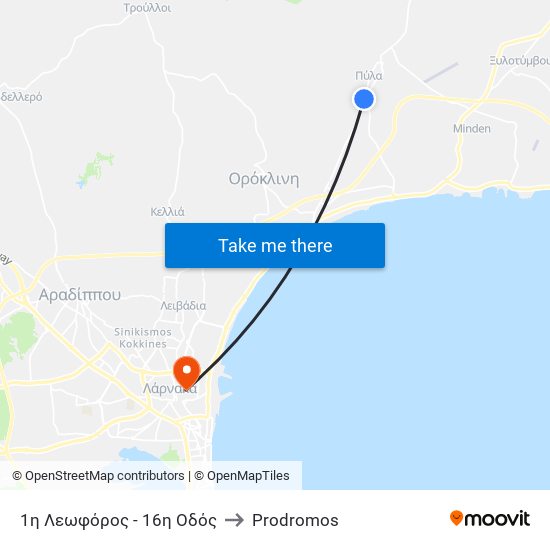 1η Λεωφόρος - 16η Οδός to Prodromos map